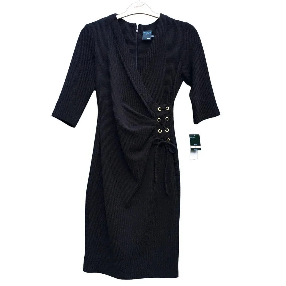 Gabby Skye Women's Black Textured Pinstripes Eyelet Tie Dress Size 6 NWT